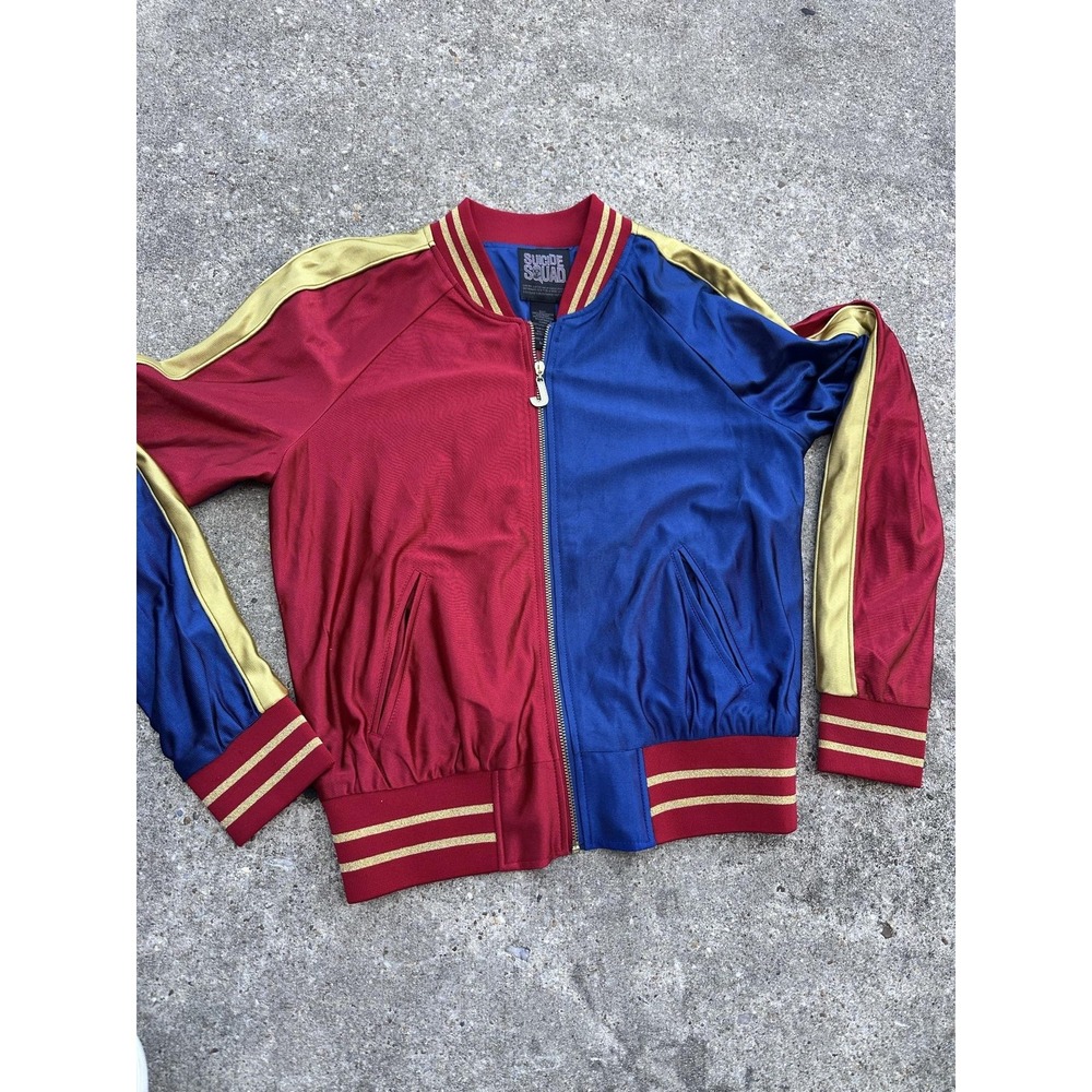 Suicide Squad Jacket Womens M Red Blue Gold Satin Varsity Property Of Joker